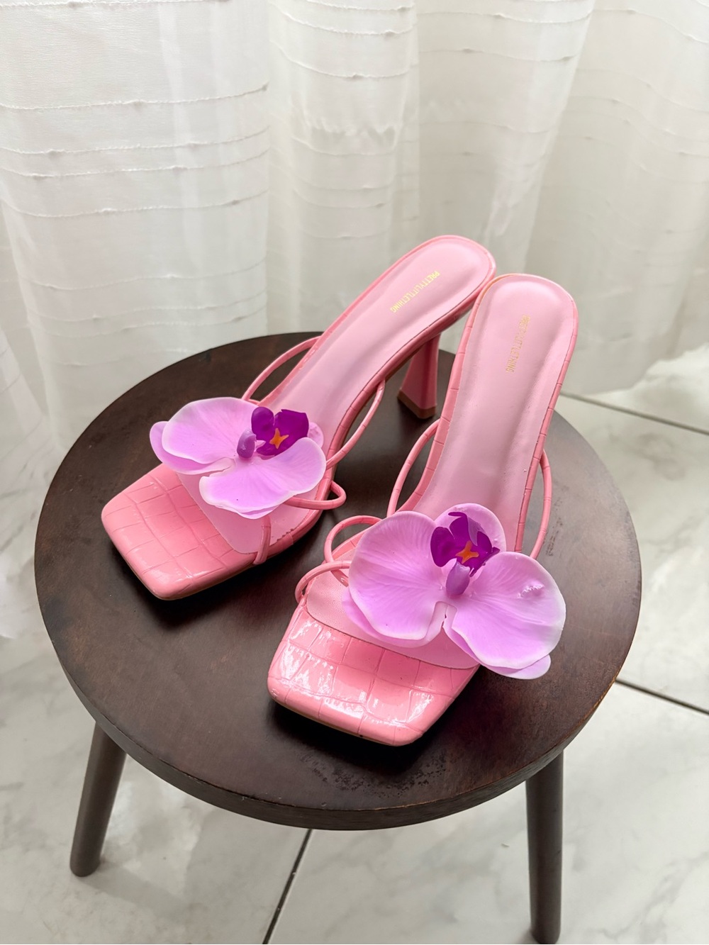 PrettyLittleThing Pink Floral Orchid Square-Toe Heel Sandals